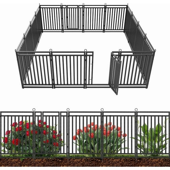 Petorldog Decorative Garden Fence Metal Dog Fence Outdoor for Yard, 36ft (L) x 40in (H), 14 Panels 2 Gates, No Dig Fence for Patio | Black-Silver