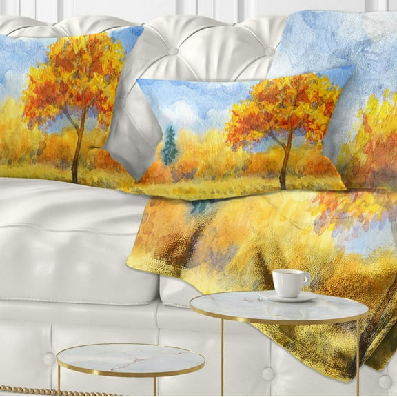 Designart Yellow Trees - Watercolor Painting Landscape Printed Throw Pillow - 12x20