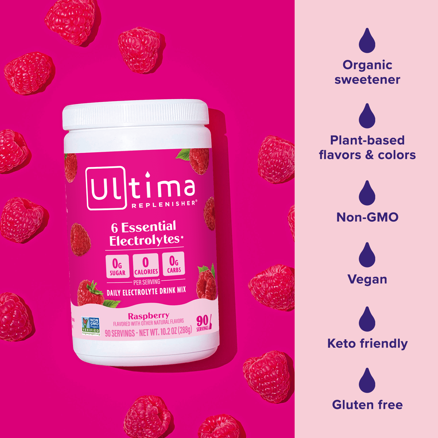 Ultima Replenisher Hydration Electrolyte Powder Drink Mix, Keto, Sugar-Free Raspberry, 90 Servings