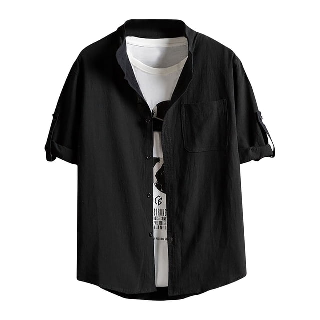 Bowake Cotton Linen Shirts for Men Button down Short Sleeve Tops Casual Solid Color Summer Beach Blouse Tee