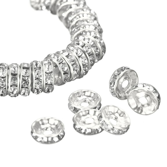 100Pack 10mm Rondelle Spacer Beads, Silver Plated Rhinestone Spacer Beads, Round Spacer Loose Beads, Silver White