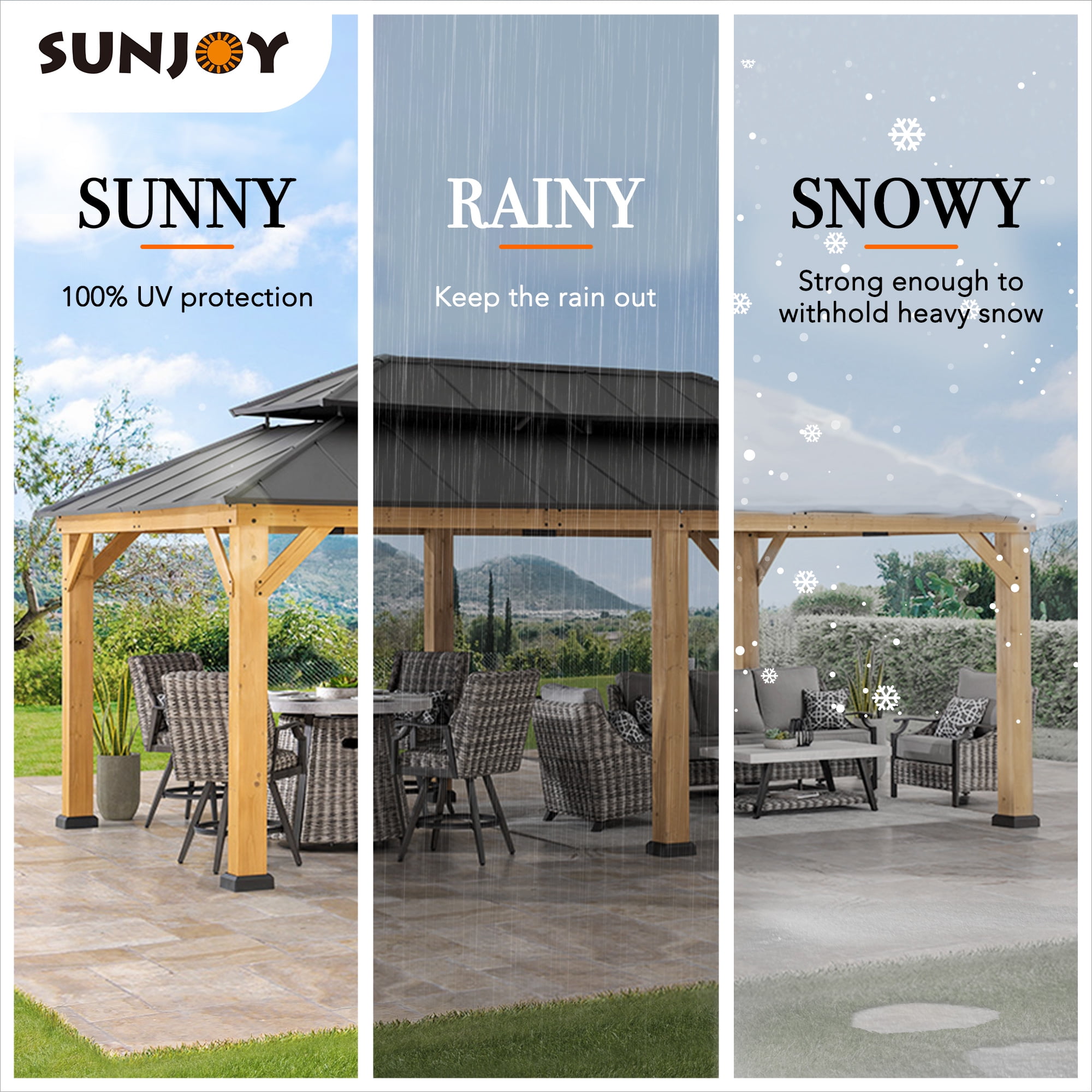 Sunjoy Gazebo en Bois 12 x 20 Pi, Gazebo Extérieur en Acier avec Toit Métallique à Deux Niveaux, Charpente en Cèdre, Adapté aux Terrasses, Jardins et Pelouses, Marron Foncé