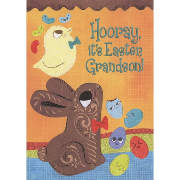 Designer Greetings Hooray, It's Easter: Brown Bunny and Chick with Red and Blue Bow Ties Juvenile Easter Card for Young Grandson
