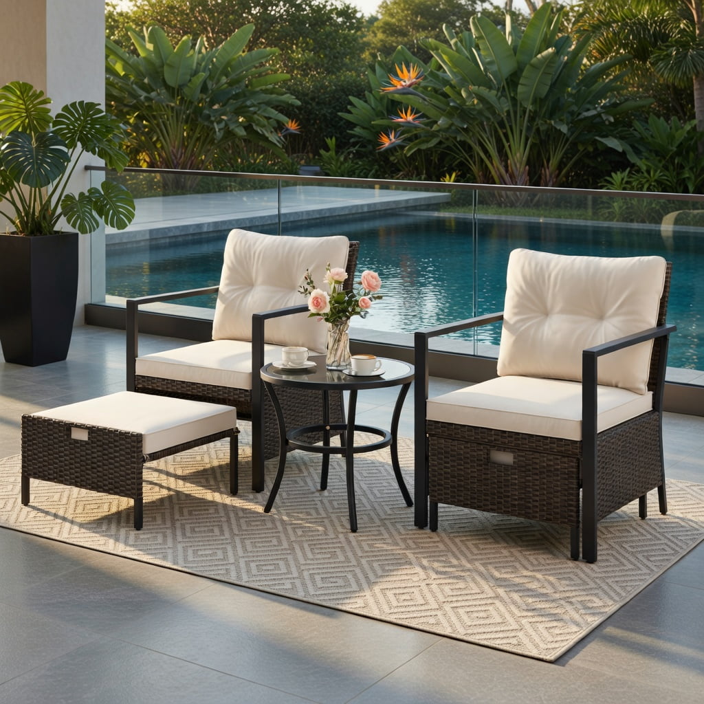 Hommoo 4-Piece Modern Outdoor Wicker Furniture Set with Tempered Glass Coffee Table, Rattan & Metal Frame, White