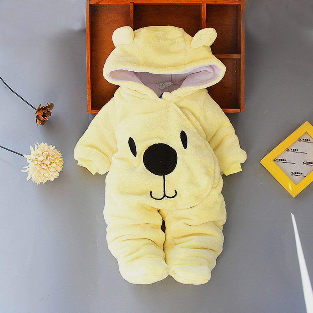 Hienoo Newborn Boys Fleece Warm Jumpsuit Cartoon Bear Hooded Romper Cute Baby Soft Onesies