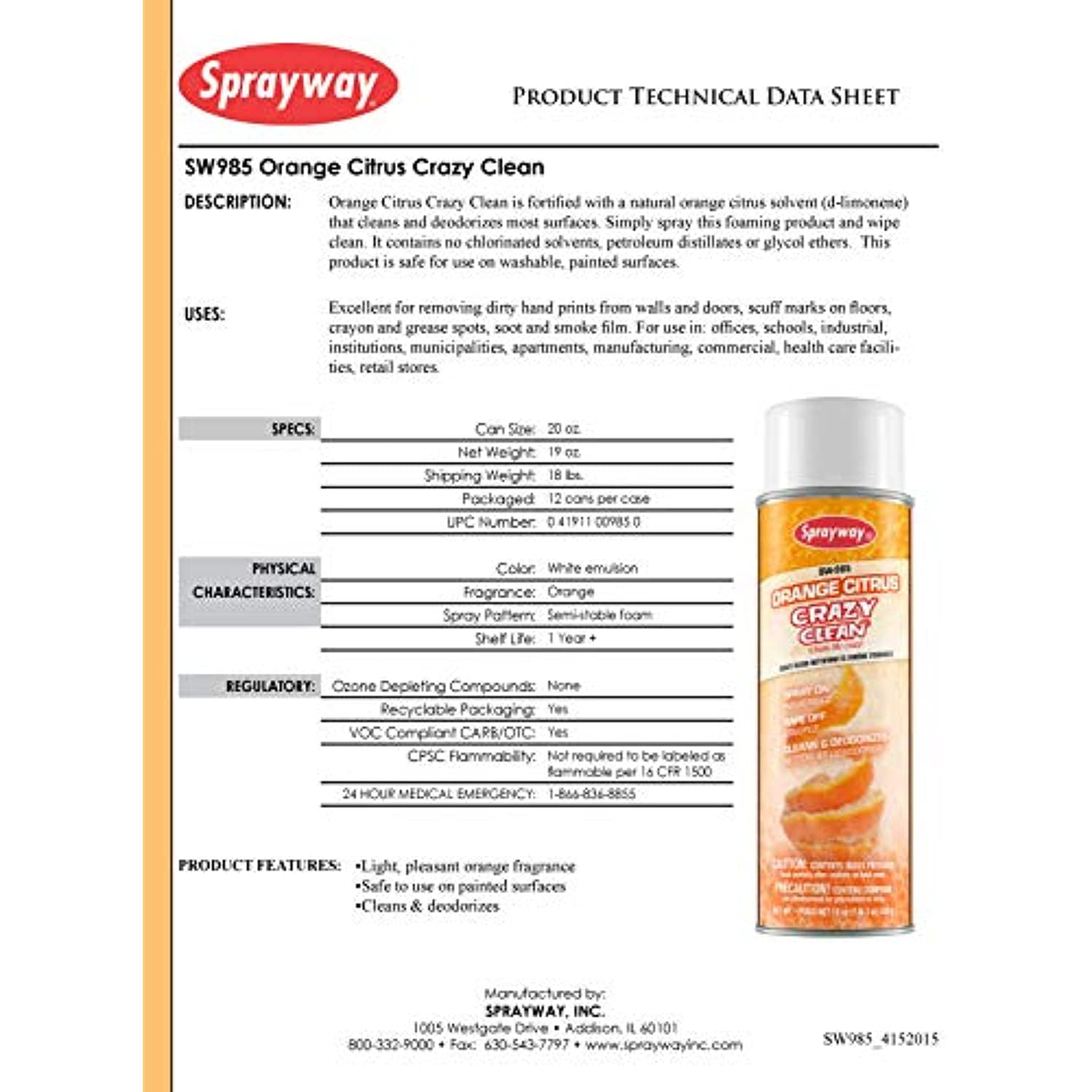 Sprayway® Orange Citrus Crazy Clean, 20 oz. Aerosol Spray - SW985 - Pkg Qty  12