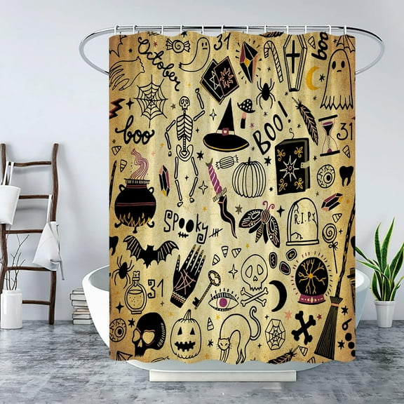 Spooky Halloween Shower Curtain Pumpkin Witch Hat Alchemy Magic World Bats Spider Web Cat Ghost Sugar Skull Skeleton Moon Star Gothic Decor Fabric Bath Curtain with Hooks