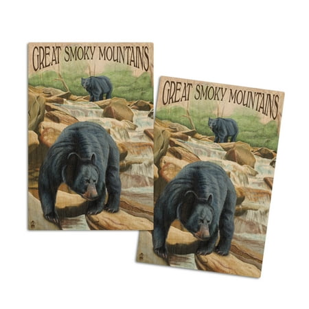 

Great Smoky Mountains National Park Tennessee Black Bears Fishing (4x6 Birch Wood Postcards 2-Pack Stationary Rustic Home Wall Decor)