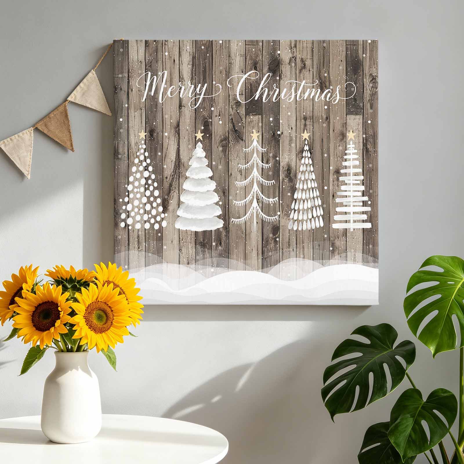 Merry Christmas Canvas Wall Art Winter Forest Xmas Tree Snowflake Star Wood Grain Pictures Wall Decor Wooden Framed Artwork Art Prints for Living Room Hallway Bedroom Office 8 x8