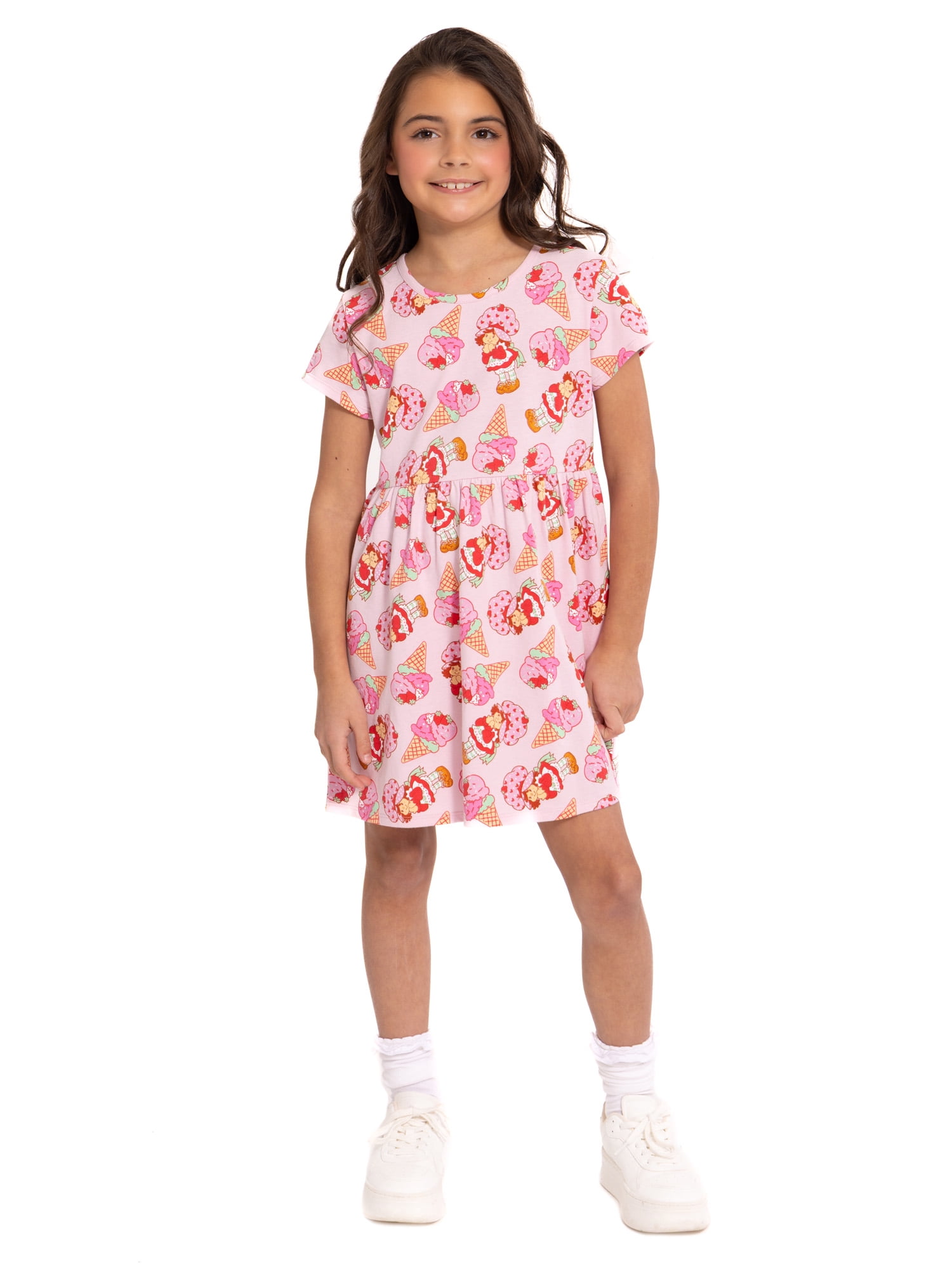 Strawberry Shortcake Girls Allover Print Dress with Short Sleeves, Sizes 4-12