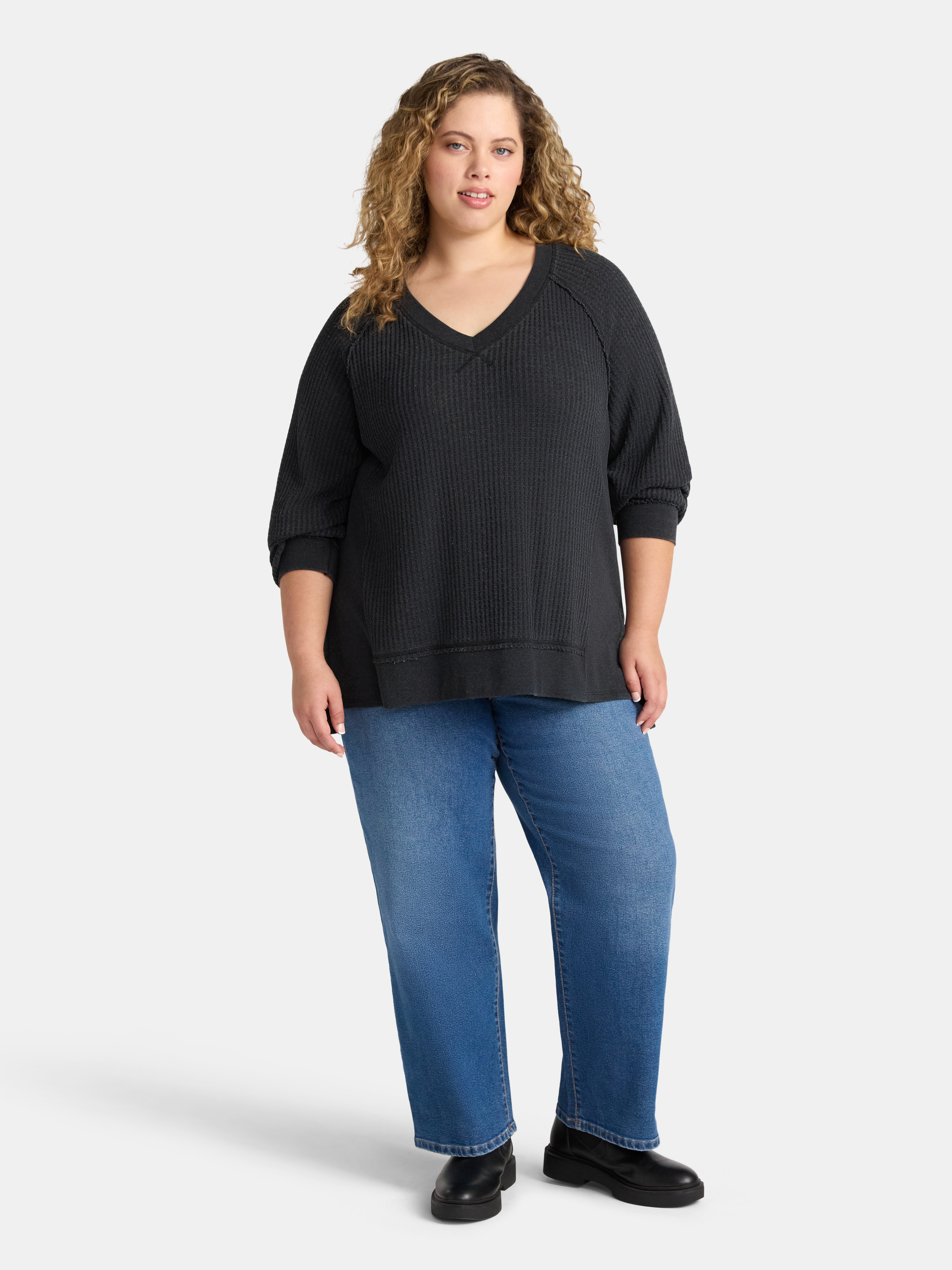 Time and Tru Women's and Women's Plus V Neck Tunic Sweatshirt with Long Sleeves, Sizes XS-4X