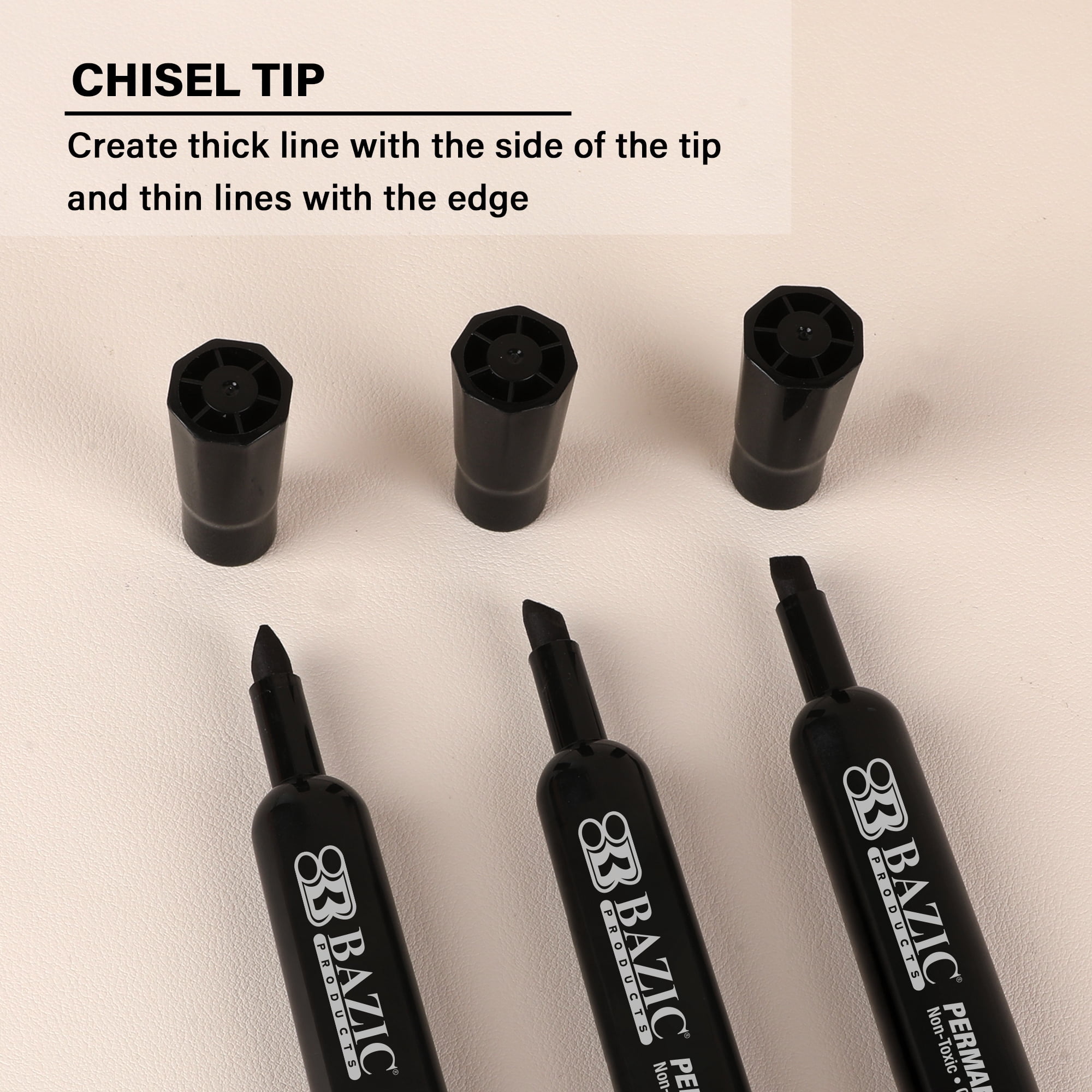 BAZIC Permanent Marker Chisel Tip, Black Color Markers, (3/Pack), 24-Packs