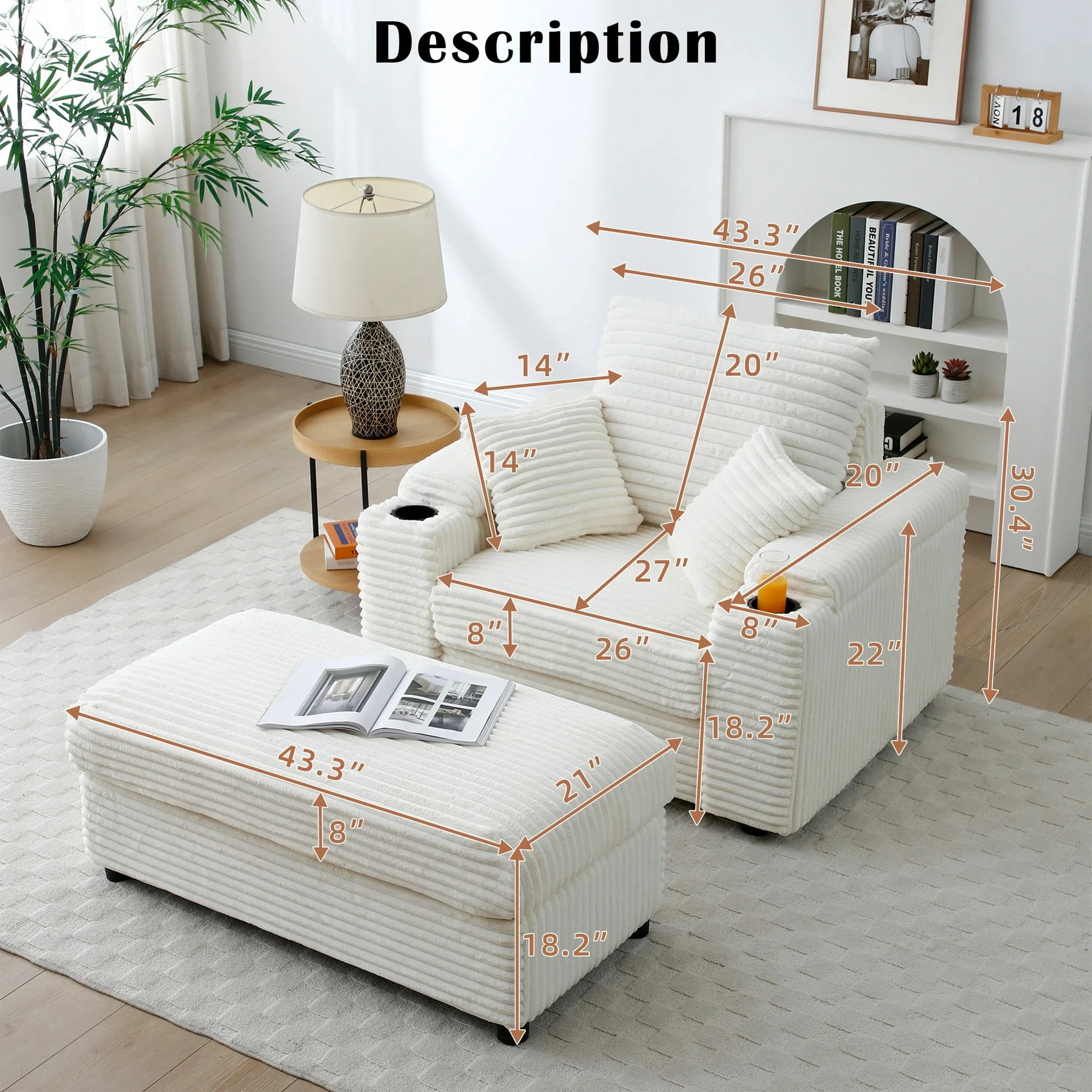 Aukfa Oversized Chaise Lounge Indoor Chair with 2 Cupholders, Storage Ottoman, 3 Pillows, Beige
