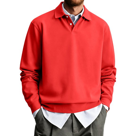 Fabrcox Men Long Sleeve Polo Shirts Casual Button Collared Shirts Regular Fit Solid Color Sports Fall Winter Work Golf Shirts for Men Red XXL