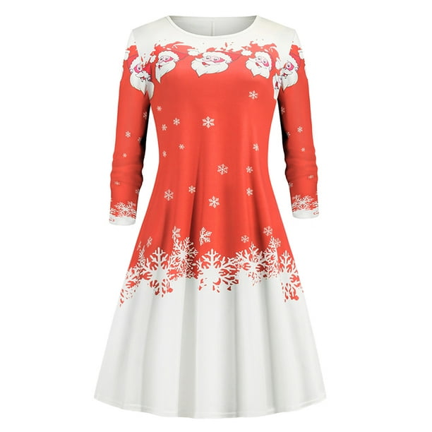 Julycc Womens Christmas Santa Snow Print Long Sleeve Dress