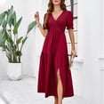 thumbnail image 4 of Pisexur Robe à Manches Courtes Col en V Cheville Mode Femme Robe Fendue Couleur Unie, 4 of 5