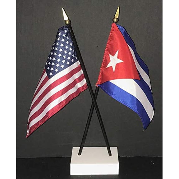 Made in USA. 1 American and 1 Cuba Miniature Rayon 4"x6" Office Desk & Little Hand Waving Cuban Table Flag, Includes Crossed White Flag Stand with 2 Small 4"x6" Mini Stick Flags