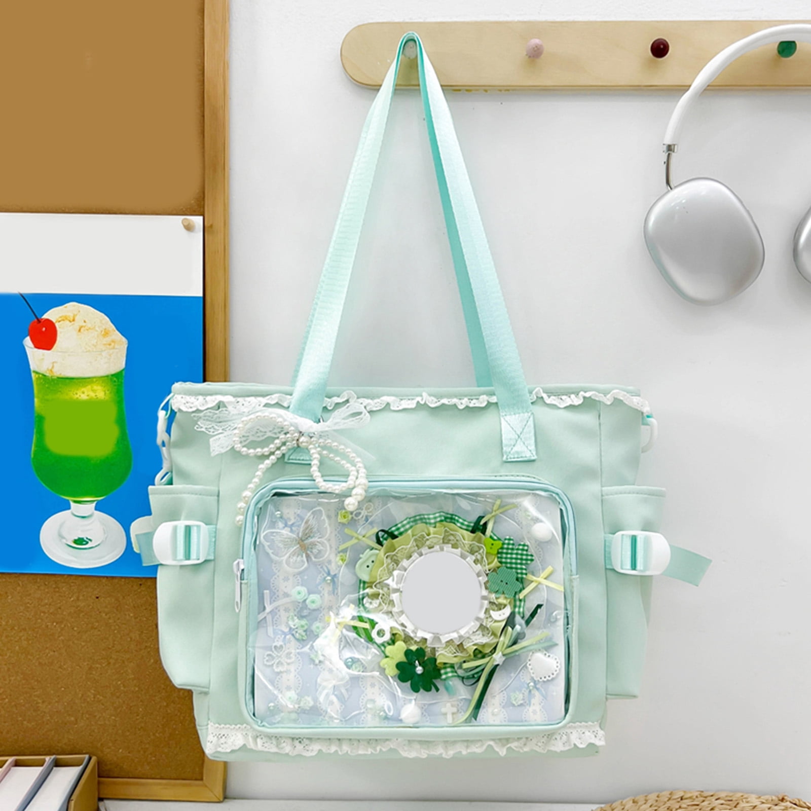 HUISZJ Women Preppy Messenger Bag, Adjustable Strap Preppy Y2K Messenger Bag, Cute Bow Anime Crossbody Bag for Travel Work (Green)