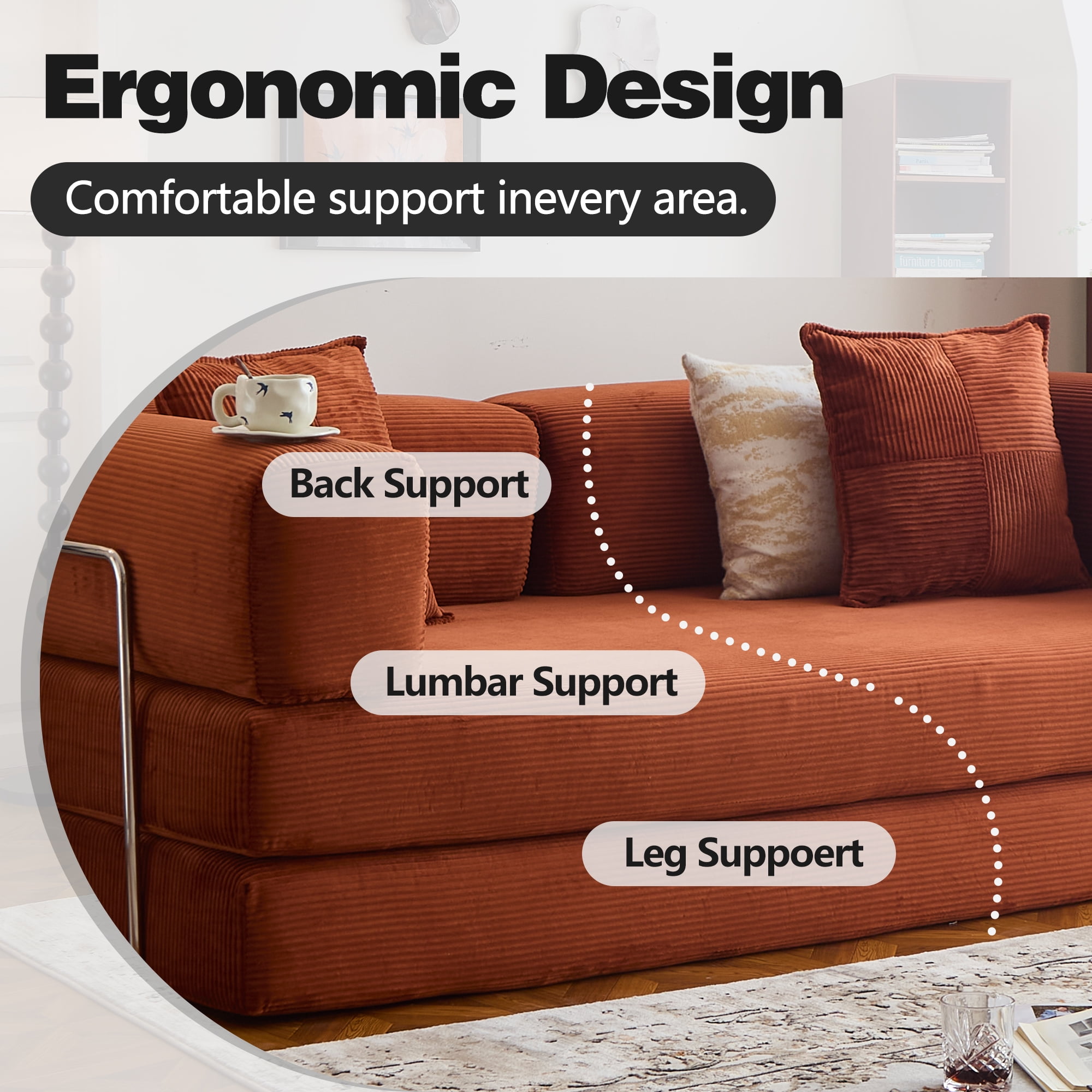 LIAROO Convertible Sofa Bed - 78.8" Boneless Couch Corduroy Fabric - Compression Sofa With Armrests and Backrest - Modular Sectional Sofa for Living Room, Bedroom, Studio