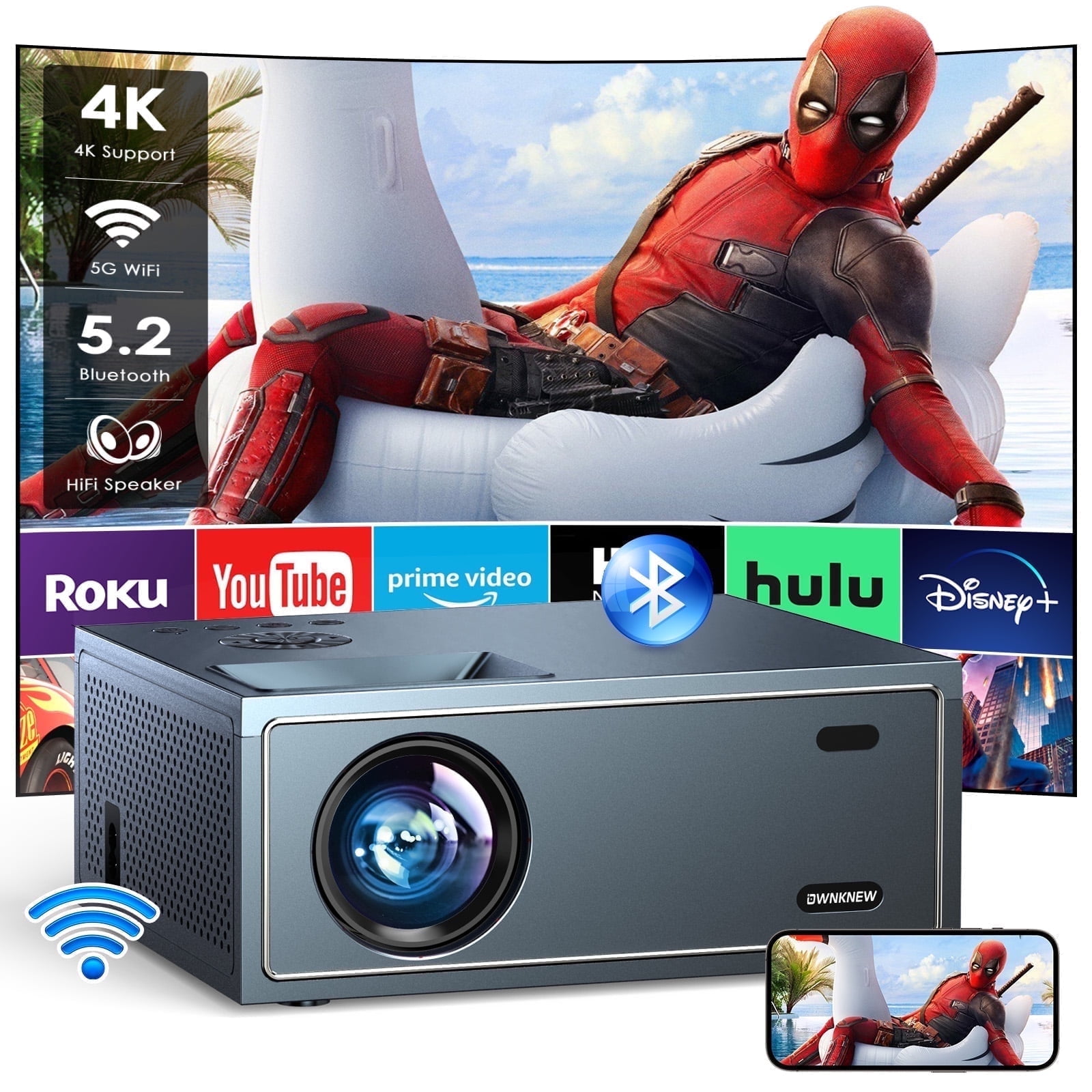 5G/2.4G WiFi & Bluetooth Projector, 1080P LED Home Theater, 4K Support, 300" Display, Keystone, Built-in Hi-Fi Speaker
