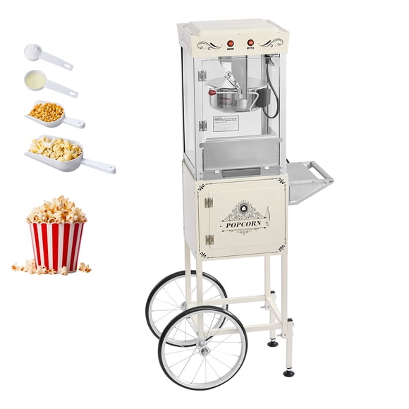 KFFKFF Popcorn Machine with Cart, 8oz Stainless Steel Kettle, 800W Commercial Popcorn Maker, 48 Cups per Batch Theater Style Popper, White