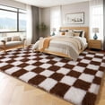 thumbnail image 3 of ZENELESS 8x10 Fluffy Rug for Living Room,Checkered Shaggy Soft Anti-Skid High Pile Carpet for Boys Girls Teen Room Dorm Home Decor,Creamy White and Coffee, 3 of 7