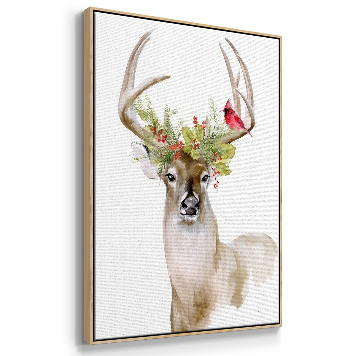 Holiday Deer I - Framed Gallery Wrapped Holiday Canvas - 27 x 41 - Natural Wood Frame