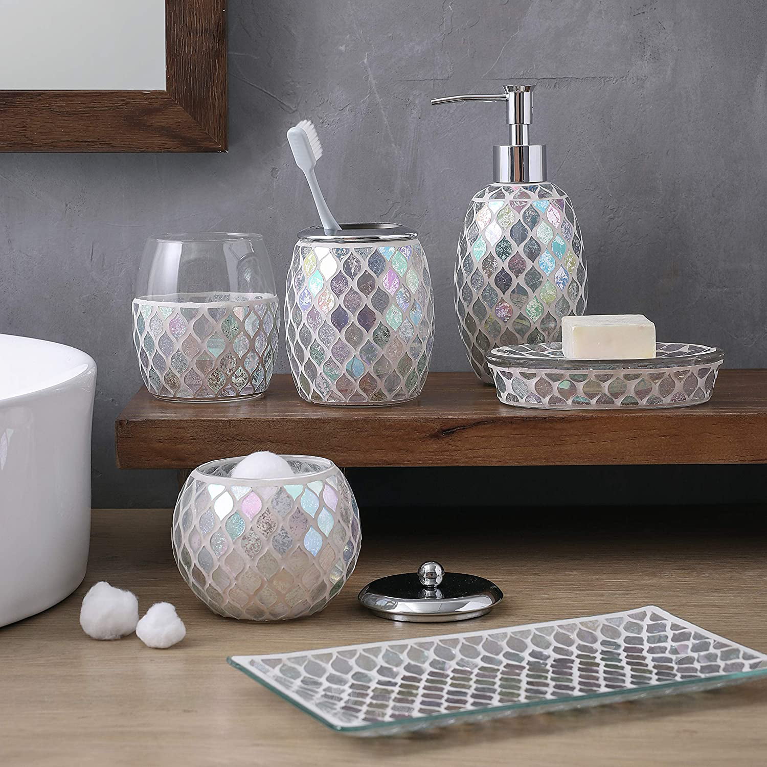 KMWARES Decorative Mosaic Glass Bathroom Accessories Set 5PCs Includes Hande Soap Dispenser /& Cotton Jar /& Tumbler /& Vanity Tray /& Toothbrush Holder Multi Blue Green