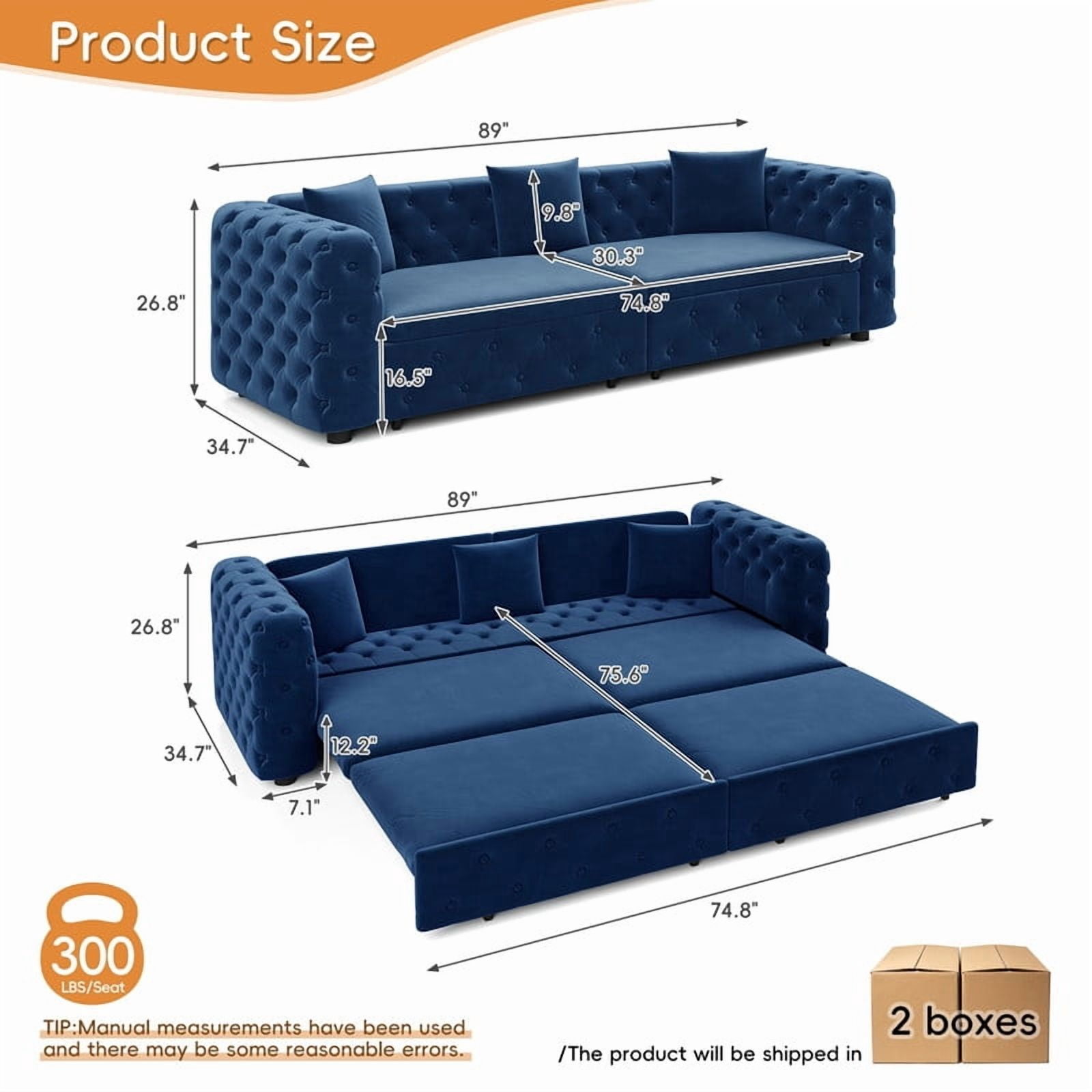 89"W Large 3-in-1 Pull Out Classic Chesterfield Tufted Sofa Bed, 4-Seater Velvet Padded Sleeper Sofa Couch with 3 Throw Pillows