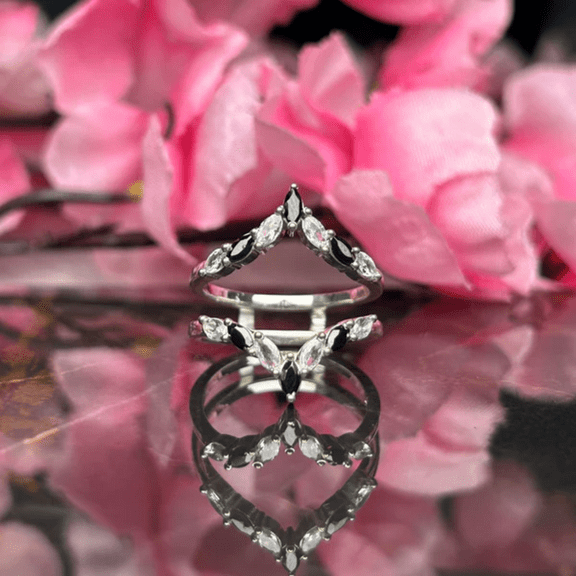 Marquise Cut White Diamond & Black Onyx Wedding Ring Enhancer- 925 Sterling Silver- Handmade Jewelry