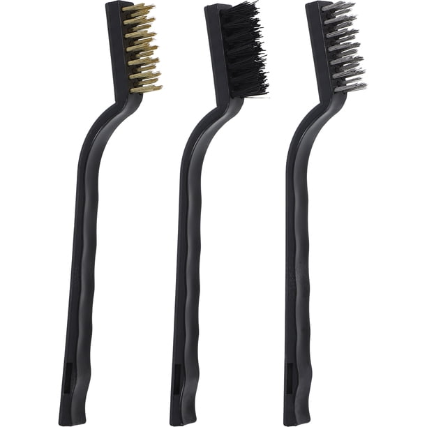 Cepillo de alambre de soldadura de latón resistente, 3 piezas, cepillo de limpieza de metal, cepillo para quitar pintura, cepillo de cerdas de nailon con mango curvo para uso en detalles automotrices