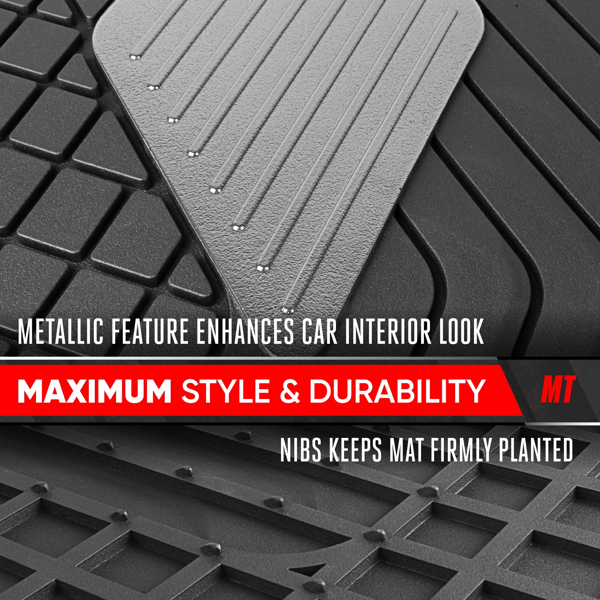 Motor Trend MetallicGuard Car Floor Mats Full Set - Durable Rubber Floor Mats with Silver Metallic Heel Pad, All-Weather Interior Protection for Front and Rear with Non-Slip Backing