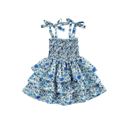 

Bebiullo 0-4Y Baby Girls Summer Dress Kids Clothes Spaghetti Strap Floral Layered Ruffle Tutu Dress Baby Girls Casual Princess Dresses Blue 18-24 Months