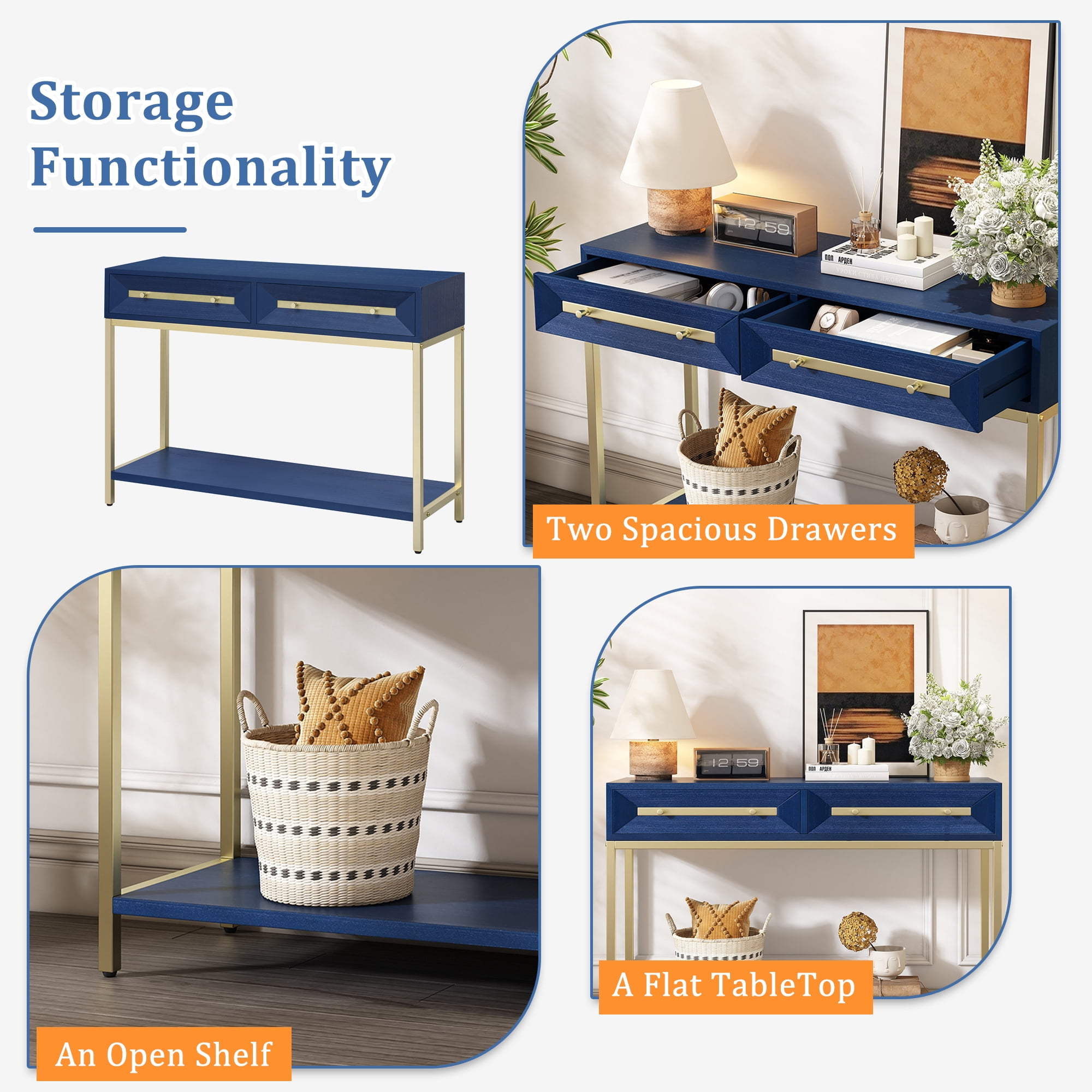 EUROCO 45.5" Console Table,Wood Narrow Entryway Table with 2 Drawers and Open Storage Shelf,Retro Hallway Table Sofa Table for Hallway,Living Room,Navy