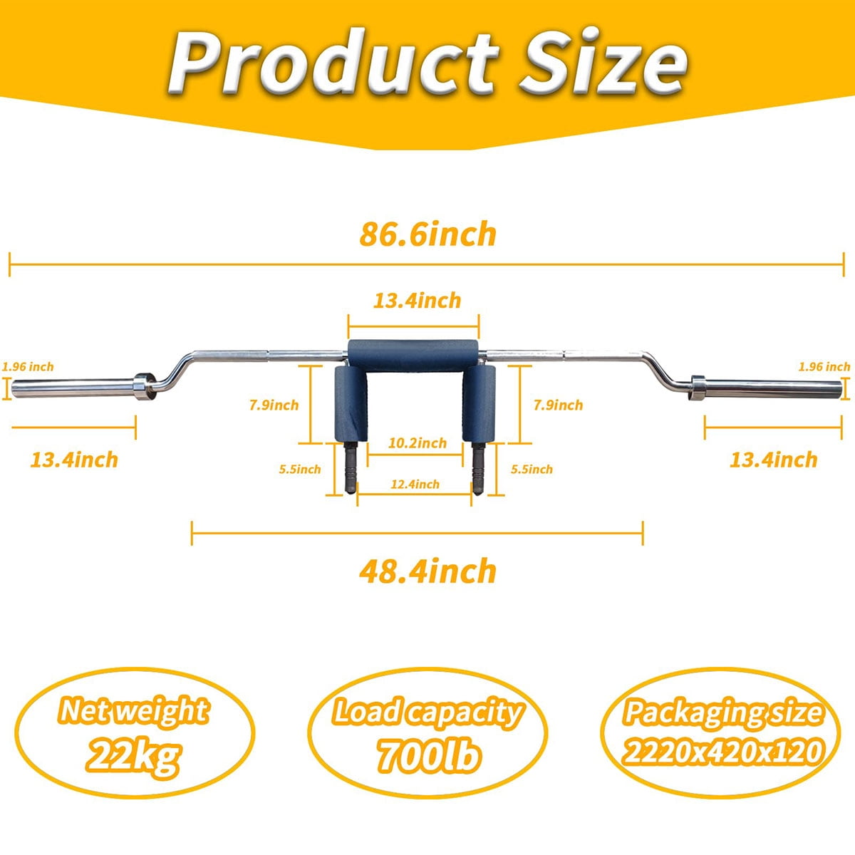 Danolapsi Safety Squat Bar,700-Lb Capacity,2 inch Heavy Duty Steel Olympi.c Barbell with Neck Pad, 2 Barbell Clips,Fits 2" Plates (No Weights Included)