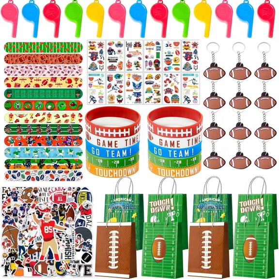 Football Party Favors for Kids,122pcs All-In-One Football Themed Party Favors Set - Football Party Bags, Football Keychains Bracelets Stickers Whistle etc Rugby Party Favors for Football Party Decor