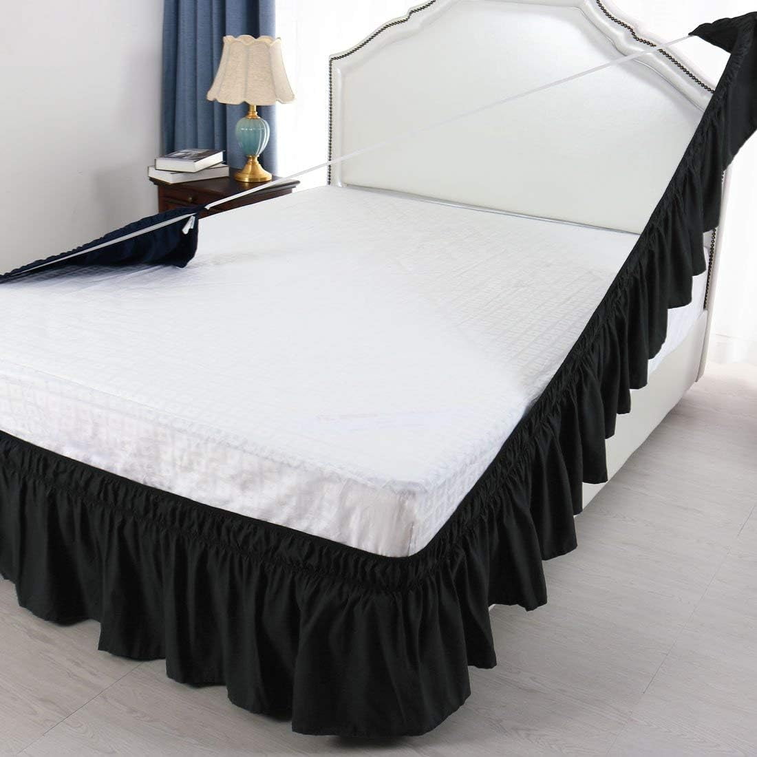 600-TC Pima Cotton No-Tuck Wrap Around Bed Skirt – Wrinkle-Free, Quick Setup for a Polished Bedroom Short Queen (60" x 75") Size, Fit 1-PC Bed Skirt3 Sided Coverage 22" Drop Length, Black