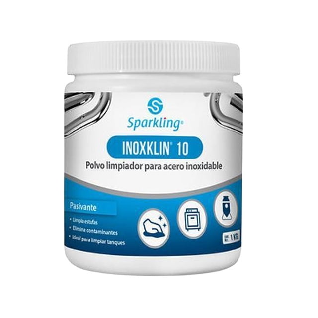polvo limpiador para acero inoxklin 10 sparkling 1 kg Envase blanco de 1 kg, vista frontal centrada; tarro con tapa roscada y etiqueta blanca y azul con logo Sparkling y texto INOXKLIN 10 que indica 'Polvo limpiador para acero inoxidable', pictogramas de uso para ollas y equipos; instrucciones resumidas visibles: humedecer, aplicar, frotar y enjuagar. Suele usarse también para mantenimiento de tanques y pailería.