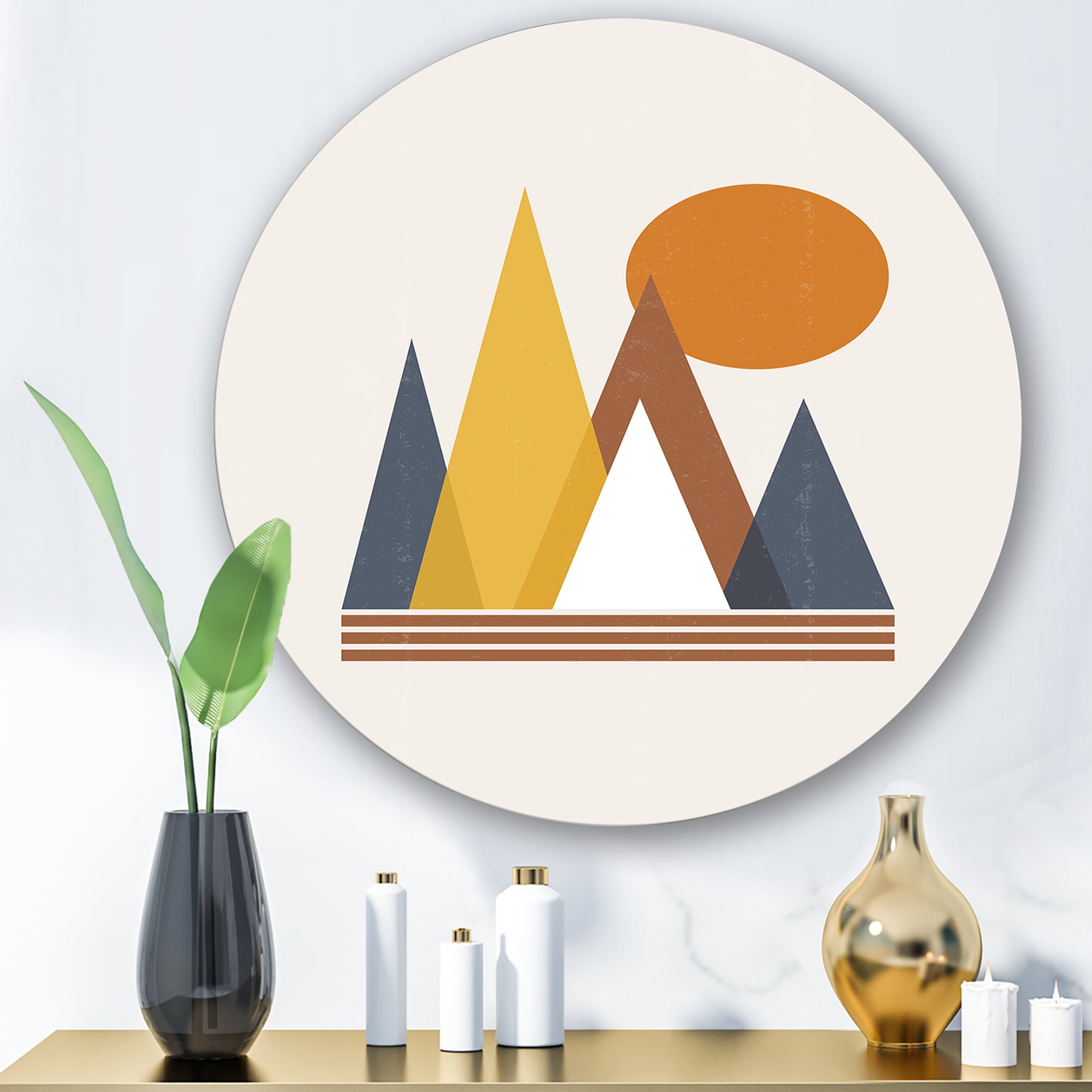 Designart 'Sun and Mountain Abstract' Modern Circle Metal Wall Art 11x11 - Disc of 11