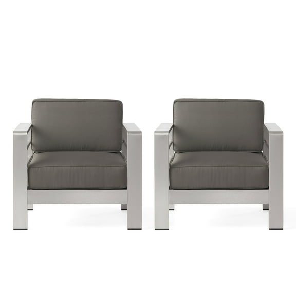 GDF Studio Crested Bay Outdoor Aluminum Club Chairs with Cushions, Set of 2, Silver and Gray