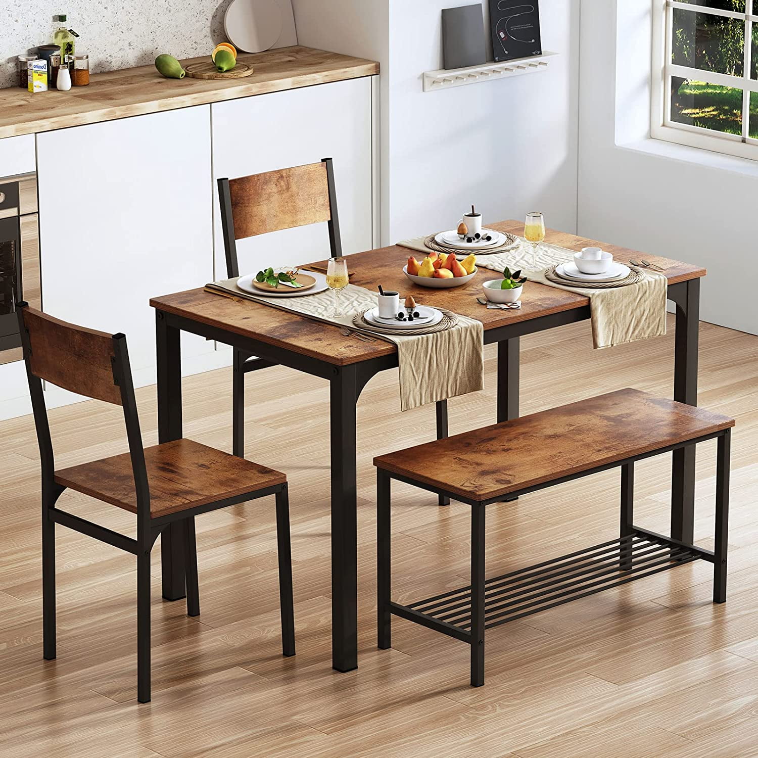 Dining Table Set for 4, Kitchen Room Table Set with Bench, 2-Piece Dining Chairs Set for Breakfast Nook - 42.9"×27.3" Retro