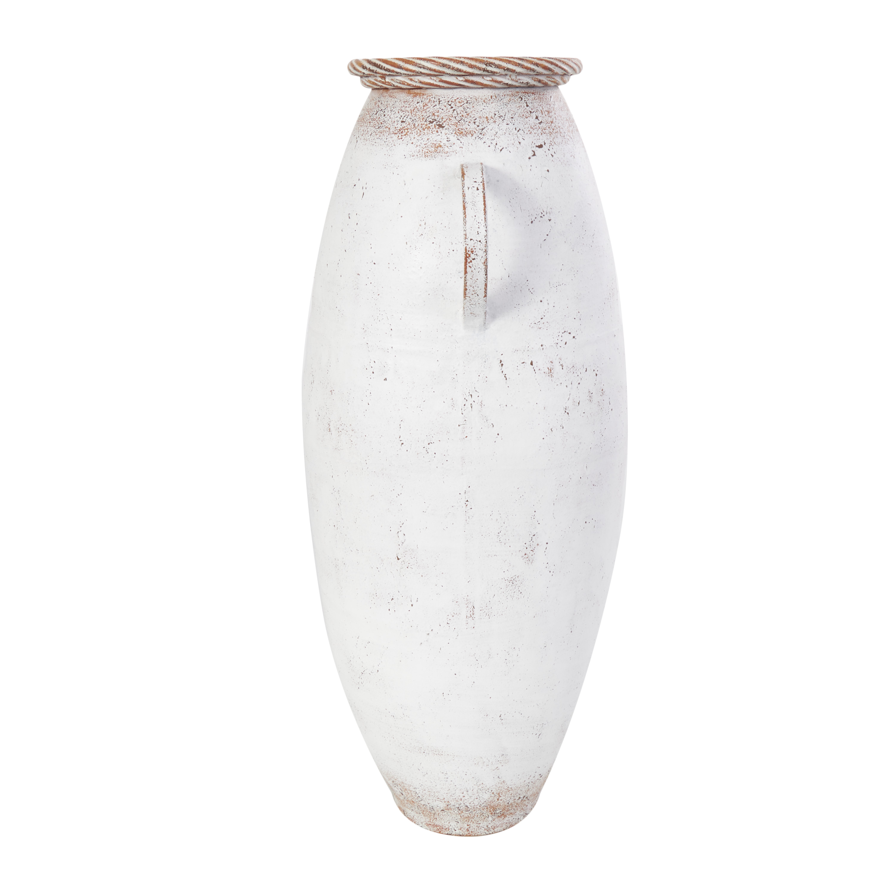DecMode 24" White Metal Vase with Antique Distressing and Terracotta Accents