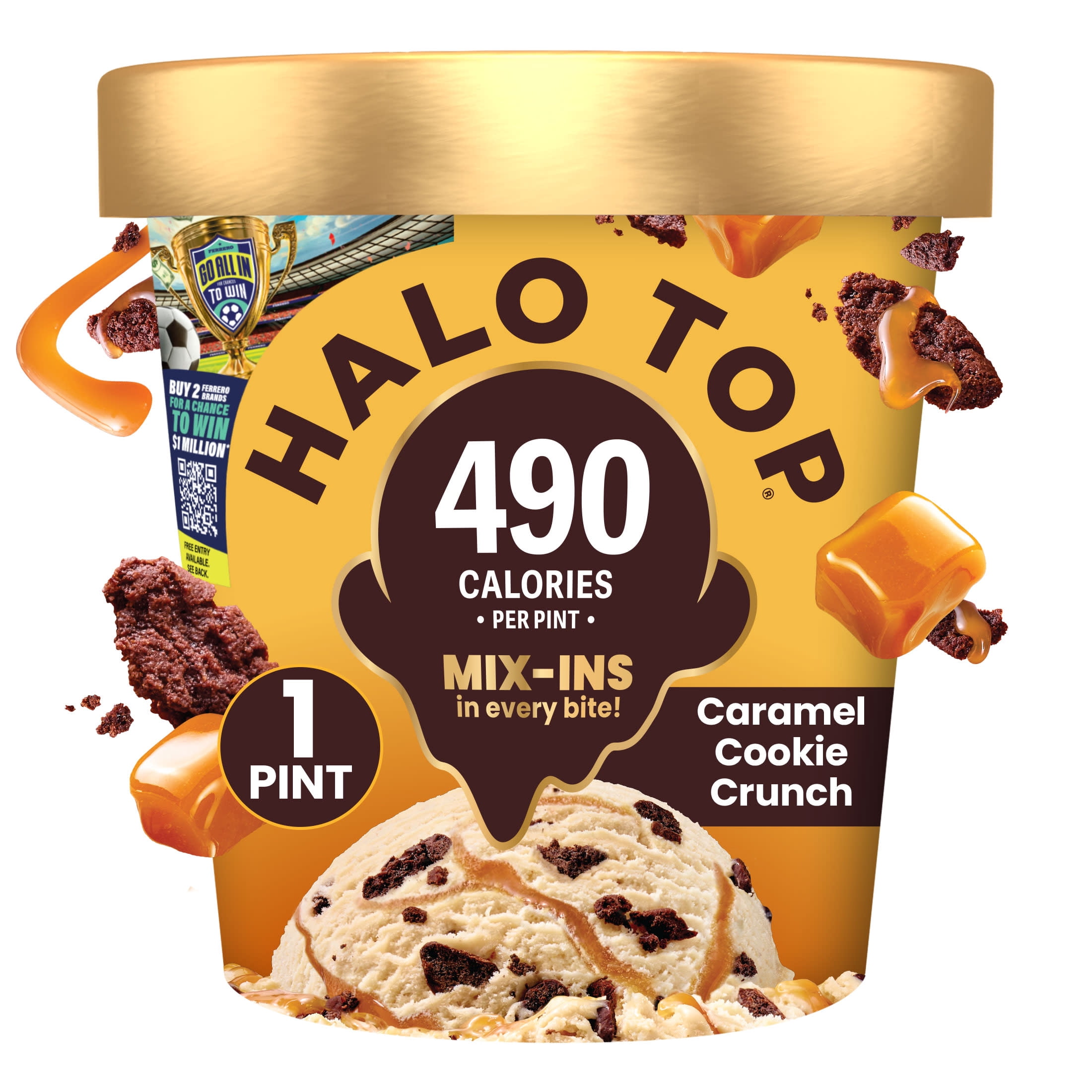 Halo Top Caramel Dark Chocolate Cookie Crunch Light Ice Cream, Lower Calorie Frozen Dessert Pint, 16 fl oz