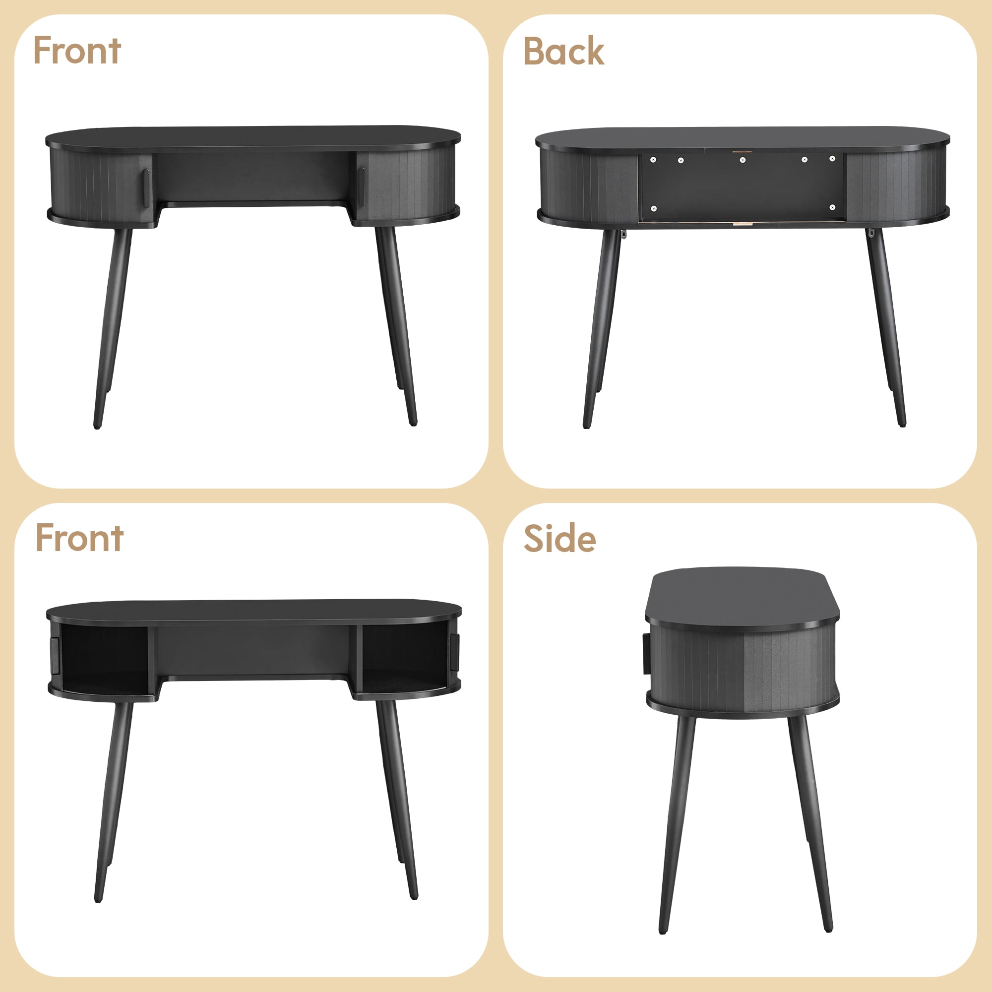 Wirrytor 43" Oval Fluted Home Office Desk, Small Computer Desk Mid Century Modern Vanity Table with Sliding Tambour Door, Wooden Writing Study Desk for Small Spaces, Bedroom, Office(Black)