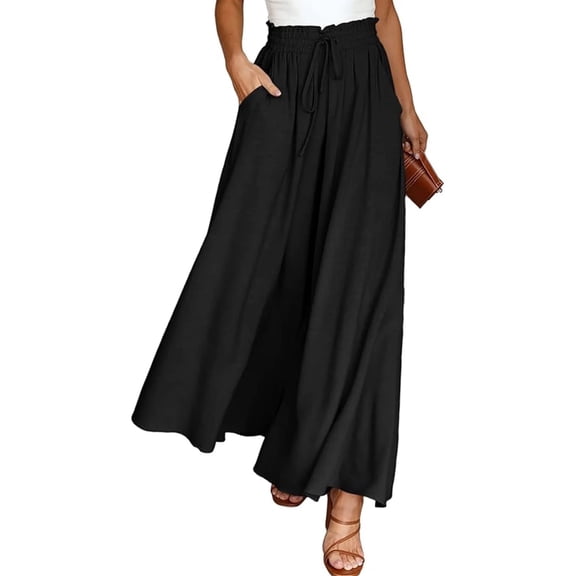 SOMER Pants for Women Flowy Dressy Pant Casual Wide Leg Palazzo Pants Elastic High Waist with Pocket BlackSummer