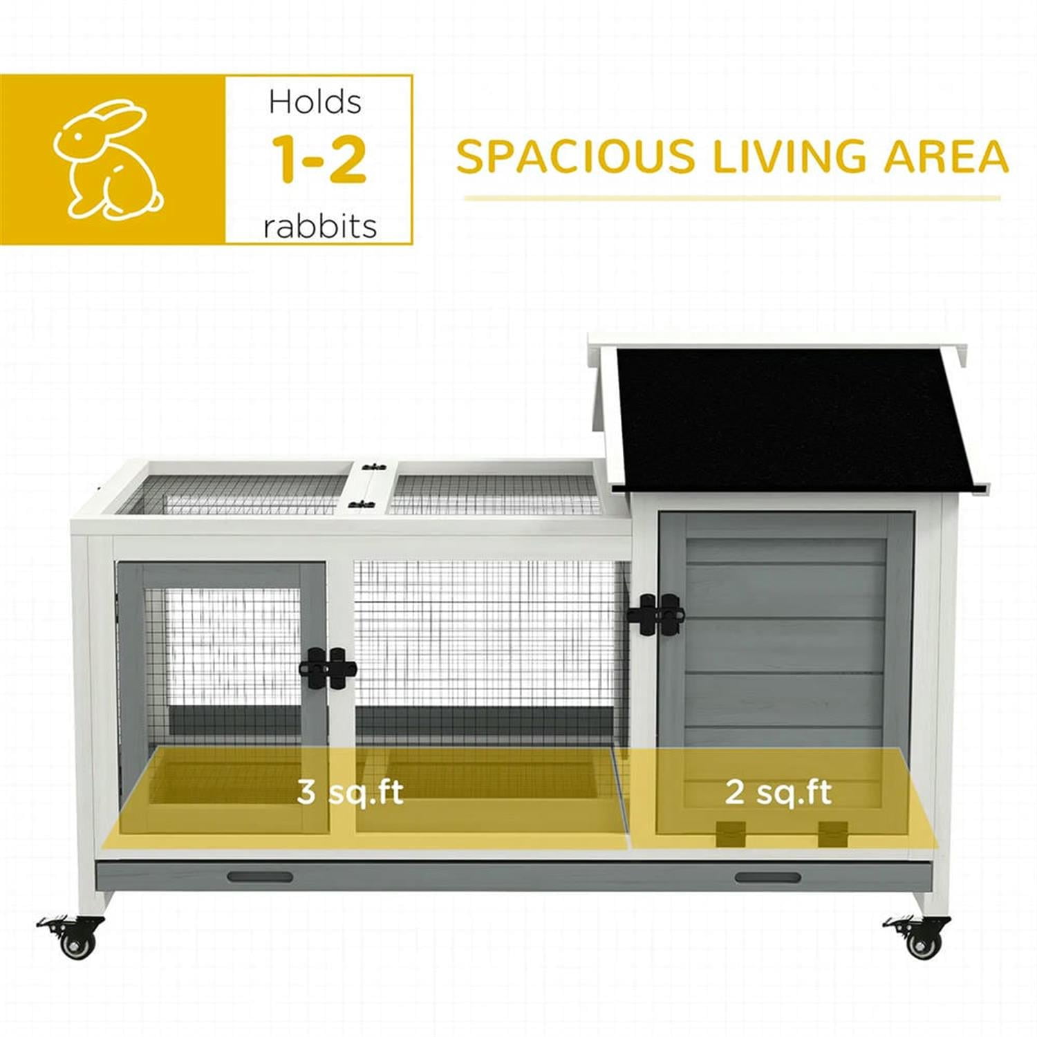 Kadyn 42.5" Wooden Rabbit Hutch with Wheels and Slide-out Tray, Outdoor Small Animal Habitat Enclosure Bunny Cage for Bunnies, Guinea Pigs, Gray