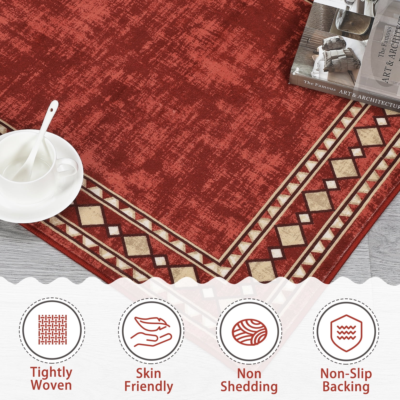 Hasoo Large Area Rug 9' x 12' Rug for Living Room Bedroom Border Non-Slip Washable Accent Indoor Neutral Carpet Red