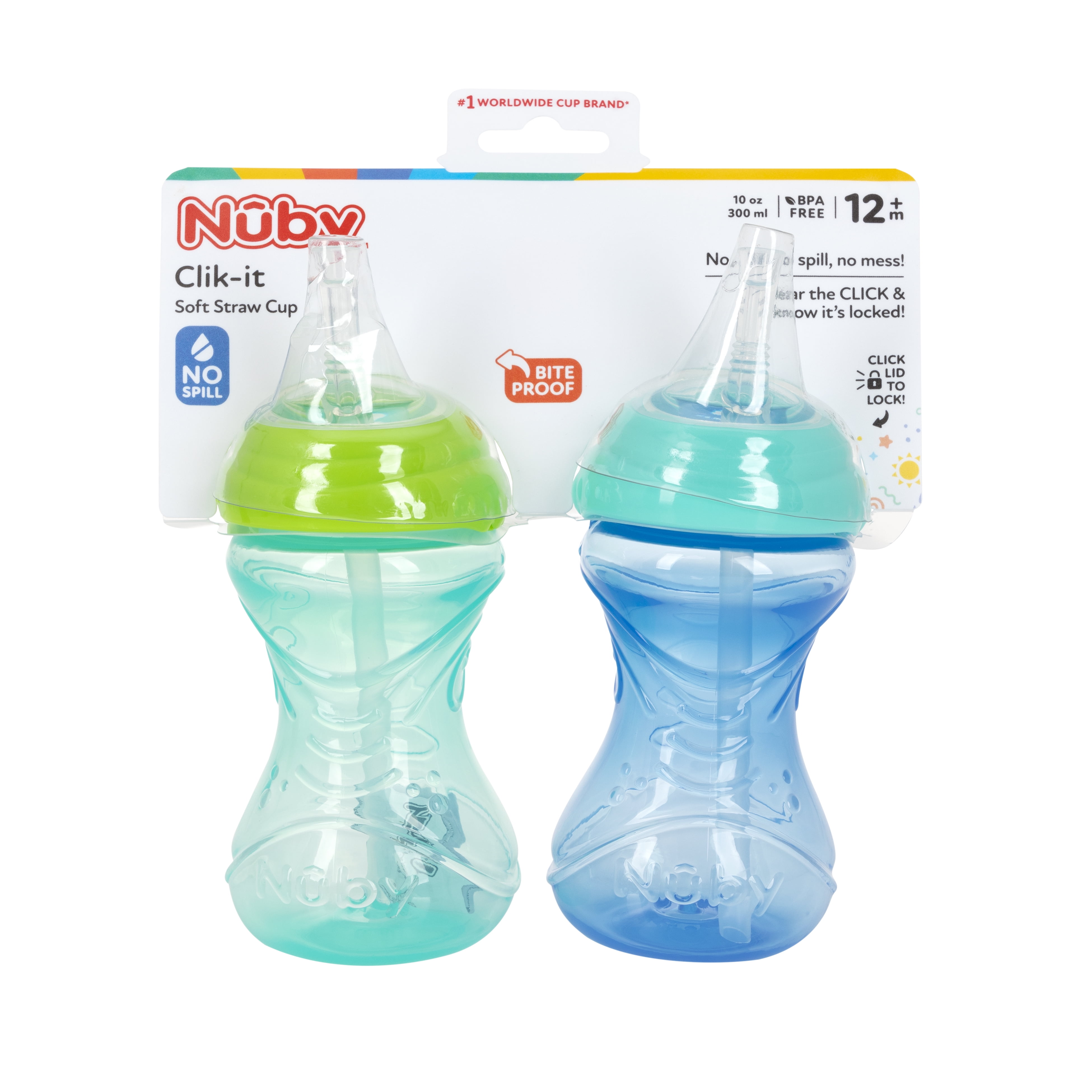 Nuby No-Spill Soft Straw Easy Grip Sippy Cup for Girls - (3-Pack) 10 Oz -  12+ Months