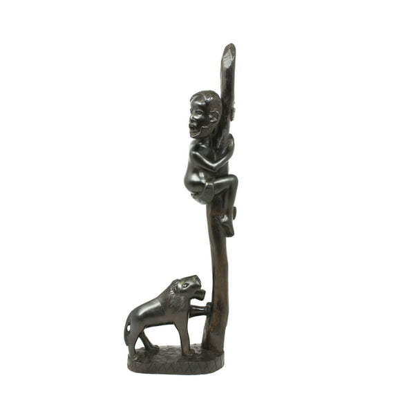 Makonde African Blackwood Carving - Ferocious Lion Symbolizing Courage, 22.5" H x 7" W x 3" D