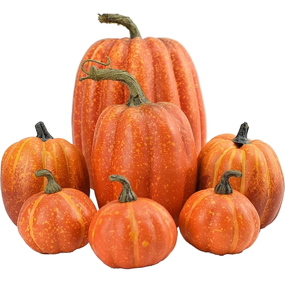 7PCS Fake Pumpkins Orange, Fall Artificial Pumpkins for Decoration Different Sizes, Halloween Thanksgiving Autumn Harvest DIY Foam Pumpkin Indoor Outdoor Home Decor